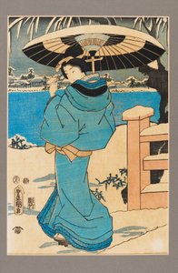 Ukiyo-e prent - Een vrouw die een kam vasthoudt door Kitagawa Utamaro