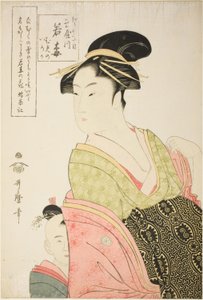 Wakaume van de Tamaya in Edo-cho itchome, en haar kinderbegeleiders Mumeno en Iroka (Edo-cho itchome, Tamaya uchi Wakaume Mumeno Iroka)