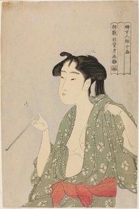 Vrouw die rook uit een pijp uitblaast, uit de serie "Tien klassen van vrouwenfysiognomie" door Kitagawa Utamaro