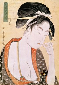 Vrouw die naar de lippen verlangt Japanse prent door Utamaro Kitagawa (1753-1806). 18e eeuw. Parijs, Guimet Museum, Aziatisch Kunstmuseum door Kitagawa Utamaro