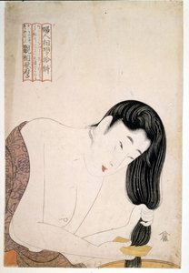 Vrouw schildert zichzelf. sd. Kunstwerk door Utamaro KITAGAWA (1753-1806). door Kitagawa Utamaro
