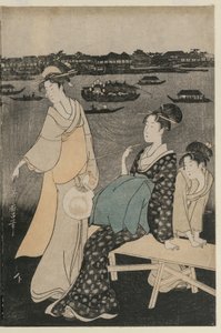Vrouwen Genieten van de Avondkoelte bij de Ryogoku-brug door Kitagawa Utamaro