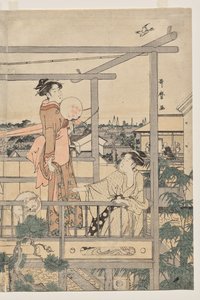 Vrouwen die Wasgoed Ophangen om te Drogen op een Balkon door Kitagawa Utamaro