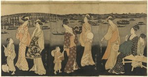 Vrouwen kijken naar vuurwerk bij de Sumida Rivier