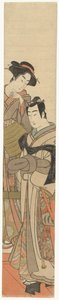 Jonge man met rieten hoed en dame door Kitao Masanobu (attributed to)