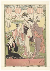 Drie vrouwen en een jongen onder lampionnen door Kitao Masanobu (attributed to)
