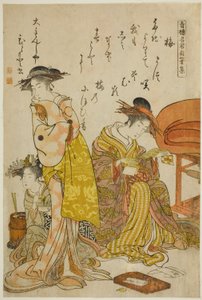 De courtisane Hitomoto van de Daimonjiya, uit het album "Vergelijking van nieuwe schoonheden van de Yoshiwara - Een spiegel van hun eigen geschriften (Keisei shin bijin awase jikihitsu kagami)" door Kitao Masanobu