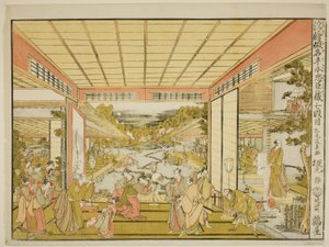 Act VII (Shichidanme), uit de serie "Perspectiefbeelden van het pakhuis van loyale vazallen (Uki-e kanadehon Chushingura)" door Kitao Masayoshi