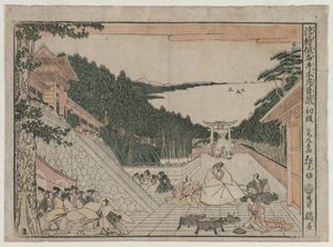 Chushingura: Act I uit de serie Perspectiefbeelden voor Het Schathuis van Loyaliteit, ca. 1790 door Kitao Masayoshi
