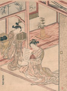 Courtisane en jonge bediende in een salon door Kitao Shigemasa