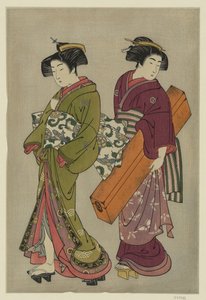 Kitao Shigemasa (1777) Geisha en een bediende die haar shamisen-doos draagt