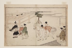 Nieuwjaarspresentatie van een wit paard door Kitao Shigemasa