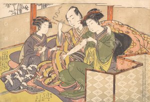 Dienaar brengt medicijn aan op de arm van een geisha, laat 18e eeuw