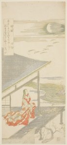 De dichter Ise kijkt omhoog naar een zwerm terugkerende ganzen, uit een ongetitelde serie van acht uitzichten door Kitao Shigemasa