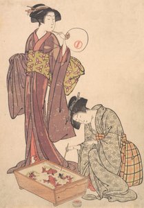 Twee vrouwen die vissen voeren, 1739-1820 door Kitao Shigemasa