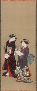 Twee meisjes staan, een houdt een open boek vast door Kitao Shigemasa