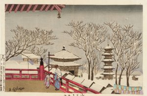 De Sensoji-tempel in de sneeuw door Kiyochika Kobayashi