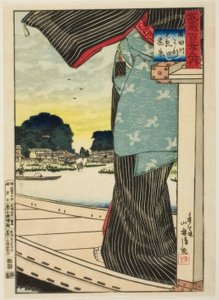 Vergezicht op de Matsuchi-Heuvel vanaf de Sumida-Rivier (Sumidagawa yori Matsuchiyama enkei) uit de serie “Honderd Zichten van de Provincie Musashi (Musashi hyakkei no uchi) door Kiyochika Kobayashi
