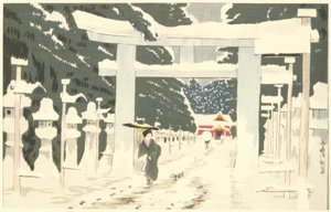 Zware sneeuw bij Toshogu-schrijn in Ueno door Kiyochika Kobayashi