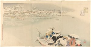 Tweede maand: Matsuchi-heuvel in de sneeuw bij schemering (Kisaragi, Matsuchiyama yuki no tasogare), uit de serie Ware uitzichten van beroemde plaatsen in Tokio (Tokyo meisho shinkei no uchi)