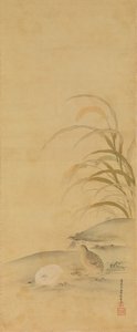 Kwartel en gierst, eind 17e eeuw door Kiyohara Yukinobu