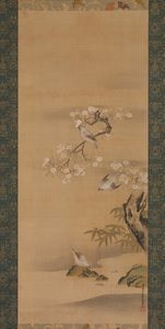 Pestvogels, Kersenbloesems en Bamboe, laat 17e eeuw door Kiyohara Yukinobu