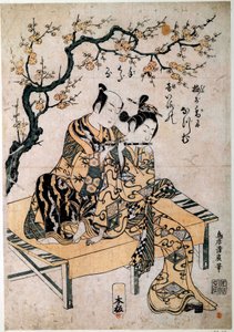 Japanse kunst: een muzikant geeft een fluitles aan een jonge vrouw. Prent door Kiyohiro Torii (1737-1766) 18e eeuw Parijs, B.N. door Kiyohiro Torii