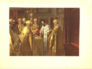 De kroningsceremonie van Nicolaas II. De Eucharistie, 1899 door Klavdiy Vasilievich Lebedev