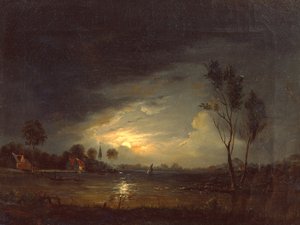 Fjordlandschap met vissers in maanlicht