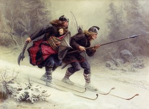 Soldaten voor de Noorse koning Sverre, Torstein Skevla en Skjervald Skrukka dragen de zoon van de koning Hakon Hakonsson
