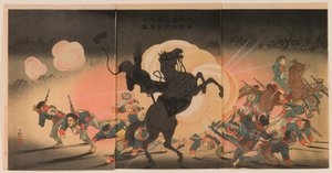 Bombarderen van het vijandelijke kamp terwijl ons tweede leger landt bij Jinzhou Fort door Kobayashi Kiyochika