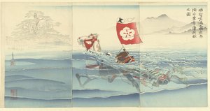 Gezicht op de Karasaki pijnboom terwijl Akechi Samanosuke Mitsuharu het meer overzwemt