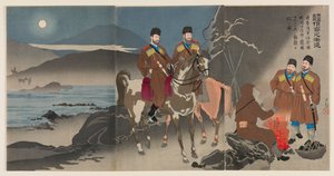 Geleidelijke vooruitgang van verkenners in de rechtvaardige oorlog om Rusland te straffen: Een verkenningsgroep van het Japanse leger observeert de bewegingen van Russische Kozakken over de Daedong-rivier