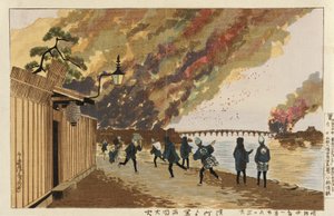 Grote brand in Ryōgoku, geschetst vanuit Hamachō, 26 januari 1881 door Kobayashi Kiyochika