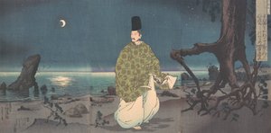 Heian-periode hoveling op een maanverlichte strand, 19e eeuw