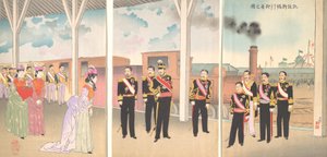 Illustratie van de aankomst van de keizer op Shinbashi Station na een overwinning Gaise..., 1895