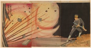 Onoguchi Tokuji blaast de poorten van het Jinzhou-fort op door Kobayashi Kiyochika