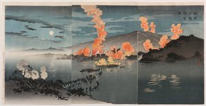 Ons leger valt het Chinese kamp aan bij Pyeongyang door Kobayashi Kiyochika
