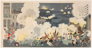 Paniek in de stadsstraten tijdens het bombardement van Port Arthur door Kobayashi Kiyochika