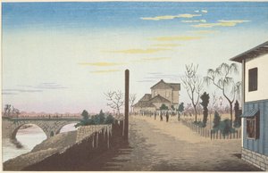 De opkomende zon vanaf de Yorozubashi-brug door Kobayashi Kiyochika