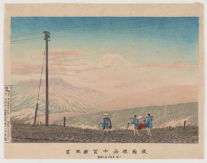 Uitzicht op de berg Fuji vanaf de Hakone bergen, geschetst om 3 uur 