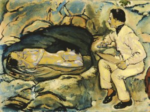 Zelfportret, tekening met zeemeermin in de rotsgrot, 1914 door Koloman Moser