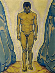 Staande mannelijke naakt tussen rotsen, ca. 1915