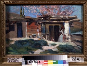 Krim, bloeiende amandelbomen. Jonge vrouw voor een klein houten huis, onder de roze amandelbomen door Konstantin Alekseevich Korovin