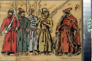 Kostuumontwerp voor de opera Khovanshchina van M. Moessorgski door Konstantin Alekseevich Korovin