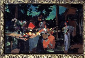 Terras, avond in het landhuis. Gedekte tafel met etenswaren, een vrouw speelt gitaar en twee andere personen omringen haar. door Konstantin Alekseevich Korovin