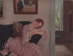Een slapende dame in roze