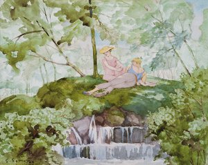 Liefhebbers in een landschap door Konstantin Andreevic Somov