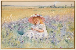 Een jong meisje in een veld van salie, margrieten en weidegras door Konstantin Egorovich Makovsky