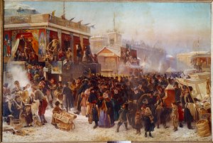 Balladins op Admiraut Square in St. Petersburg Straattheater Show door Konstantin Egorovich Makovsky